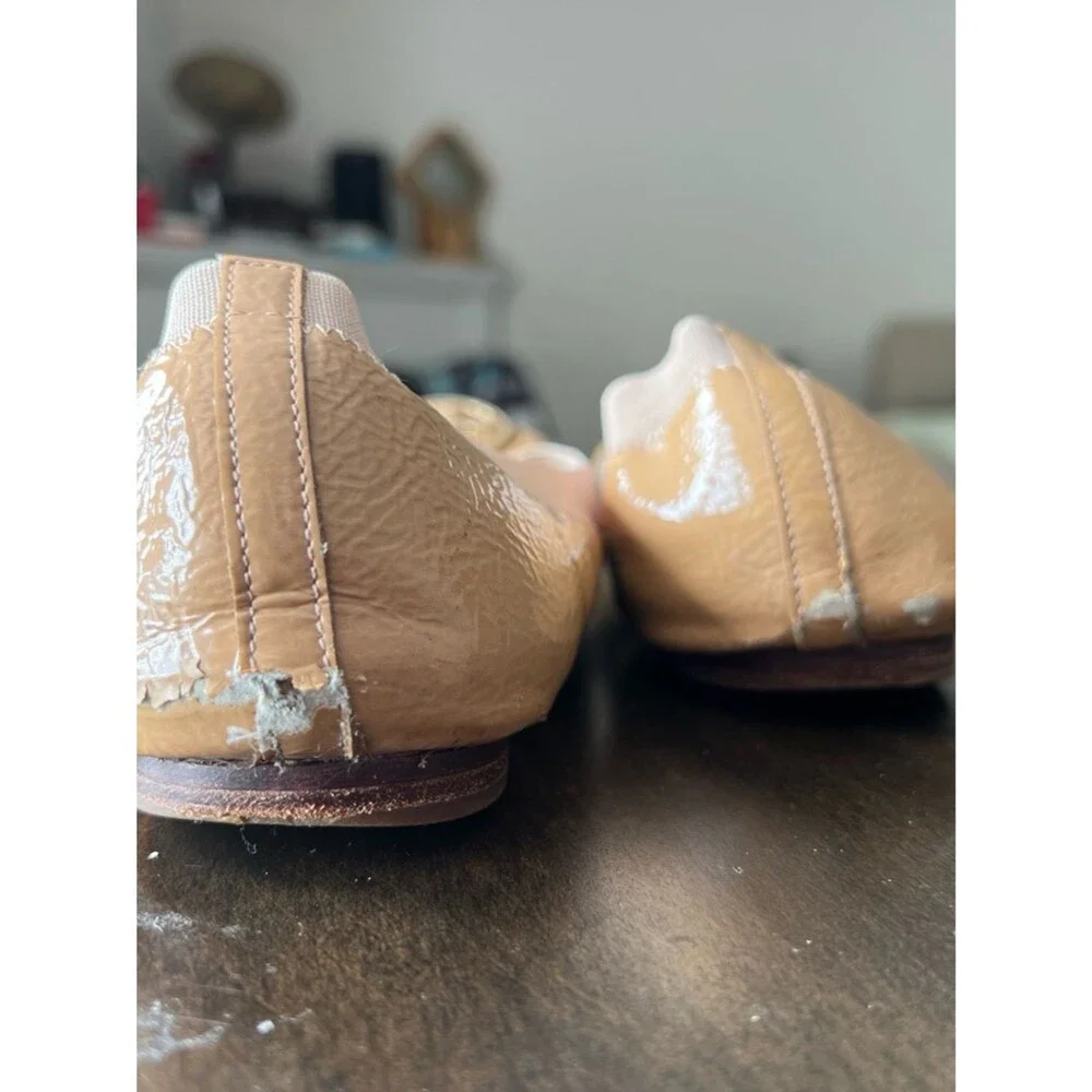 Tory Burch Tan Patent Leather Logo Ballet Flats Clair Elastic